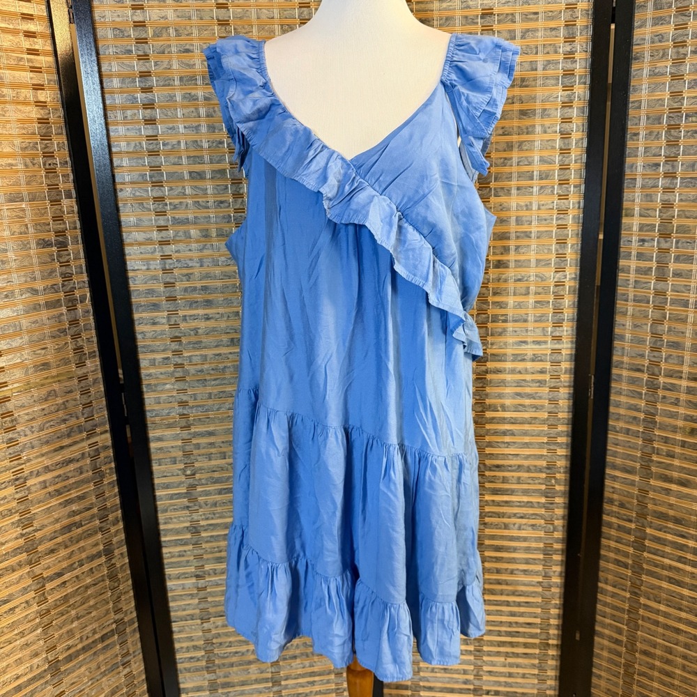 Arula Ruffle Tiered Mini Dress Women Size 18/20 Blue V-Neck Sleeveless Garden